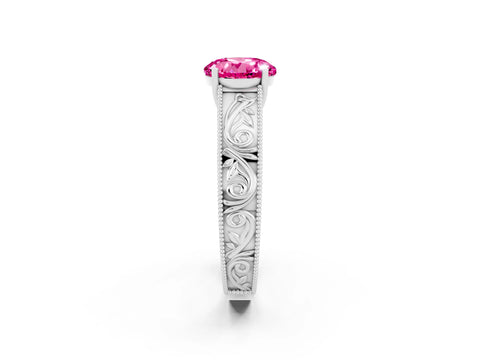 White gold Round Cut Pink Sapphire Solitaire Ring with Engraved Band and Four-Prong Setting_2