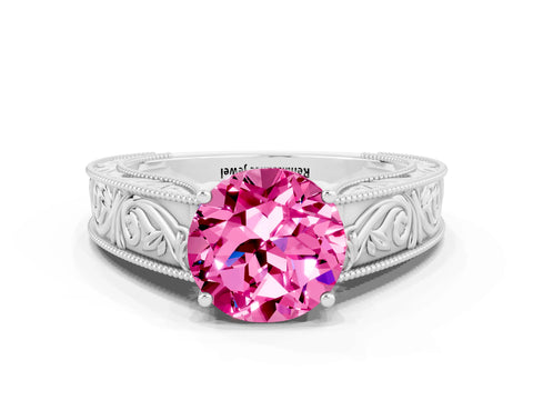 White gold Round Cut Pink Sapphire Solitaire Ring with Engraved Band and Four-Prong Setting