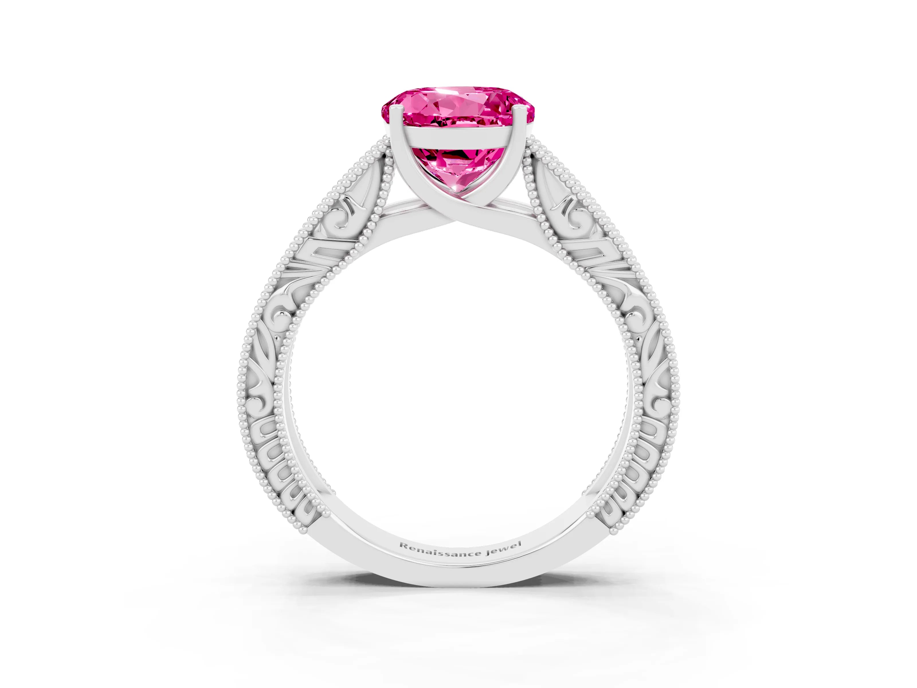 White gold Round Cut Pink Sapphire Solitaire Ring with Engraved Band and Four-Prong Setting_3