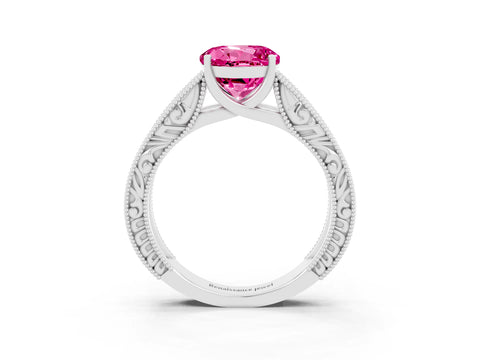 White gold Round Cut Pink Sapphire Solitaire Ring with Engraved Band and Four-Prong Setting_3