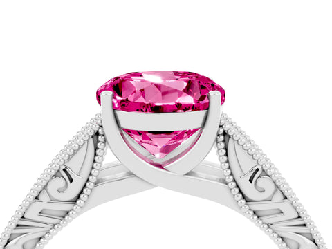White gold Round Cut Pink Sapphire Solitaire Ring with Engraved Band and Four-Prong Setting_4