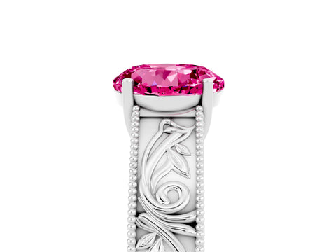 White gold Round Cut Pink Sapphire Solitaire Ring with Engraved Band and Four-Prong Setting_5