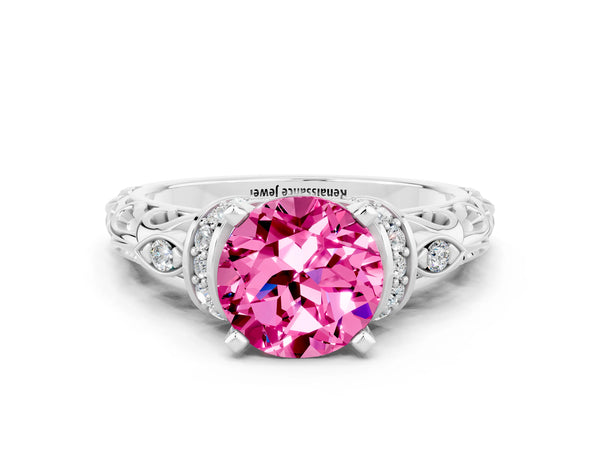 Silver Round Cut Pink Sapphire Solitaire Ring with Filigree Band and Four-Prong Setting