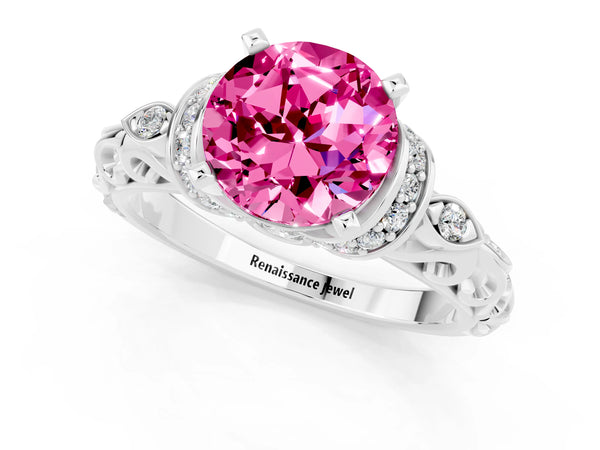 Platinum Round Cut Pink Sapphire Solitaire Ring with Filigree Band and Four-Prong Setting