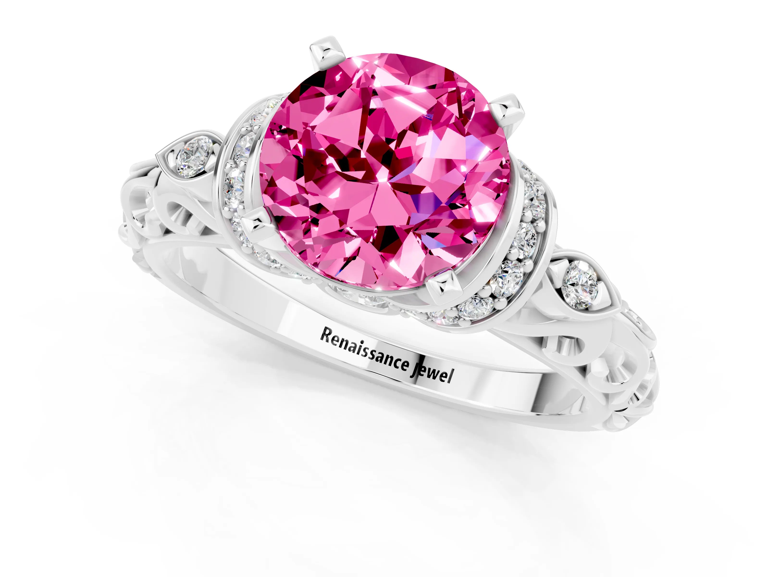 White gold Round Cut Pink Sapphire Solitaire Ring with Filigree Band and Four-Prong Setting_49
