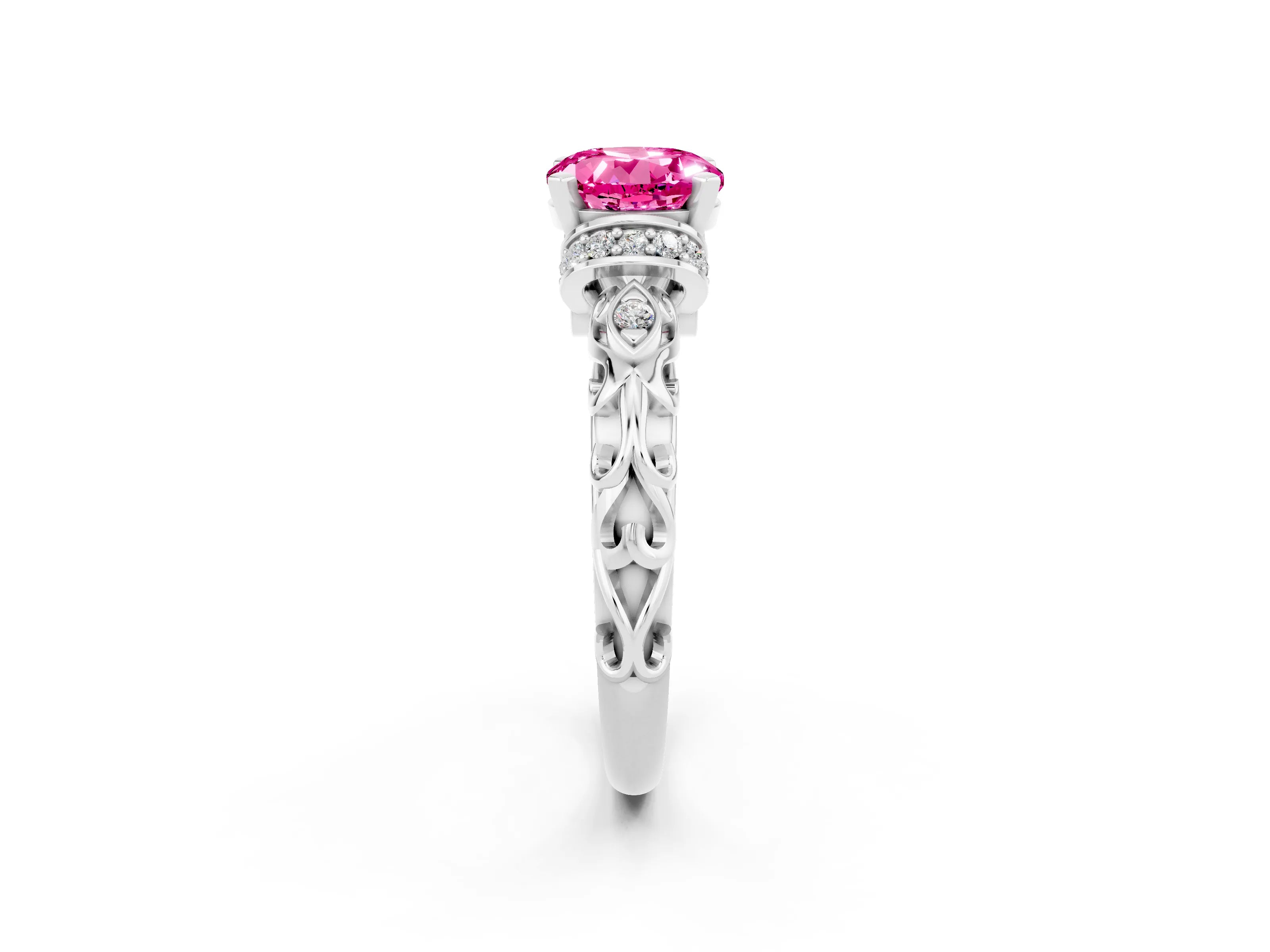White gold Round Cut Pink Sapphire Solitaire Ring with Filigree Band and Four-Prong Setting_50