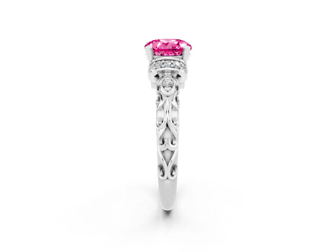 White gold Round Cut Pink Sapphire Solitaire Ring with Filigree Band and Four-Prong Setting_50
