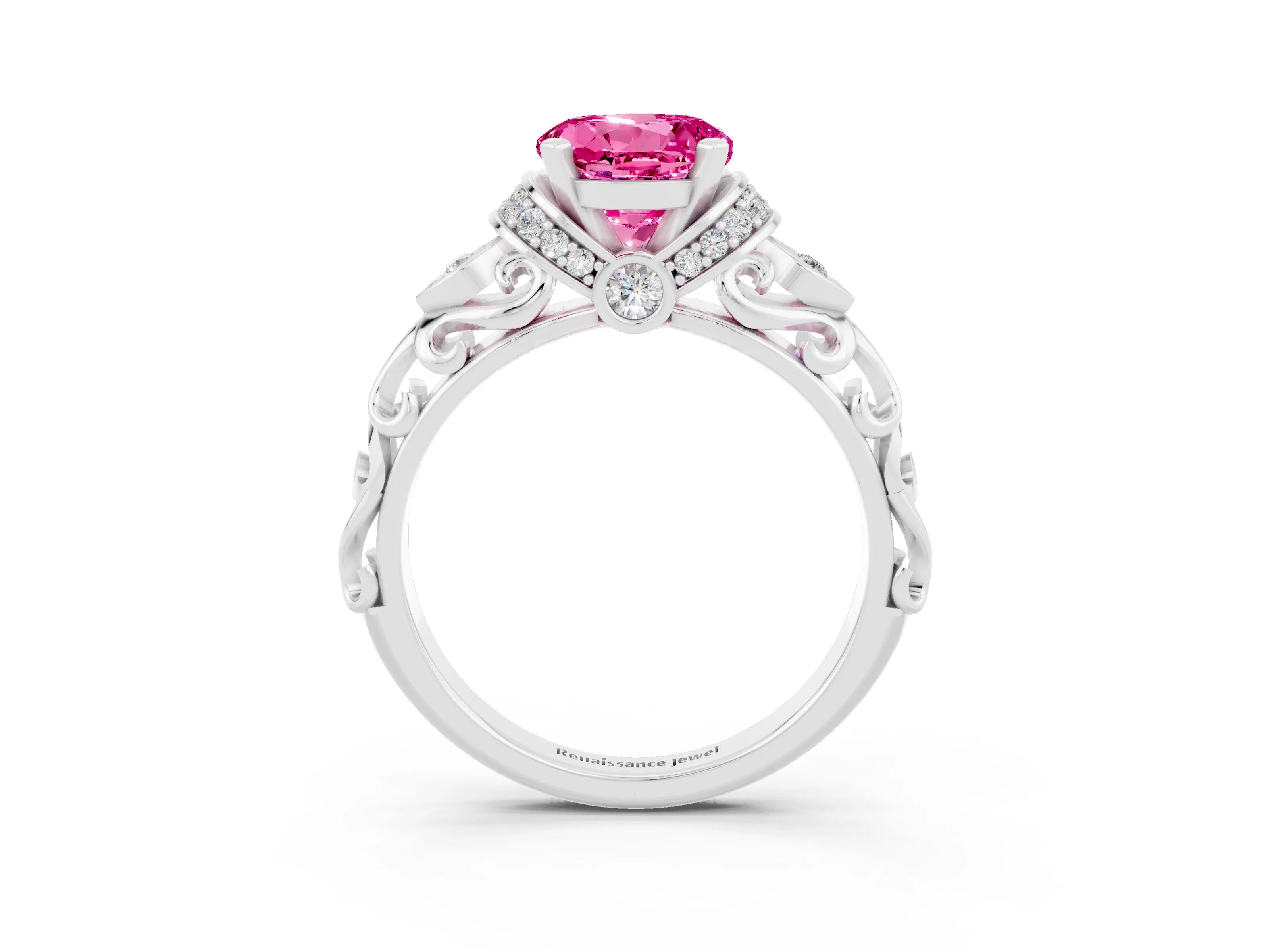 White gold Round Cut Pink Sapphire Solitaire Ring with Filigree Band and Four-Prong Setting_51