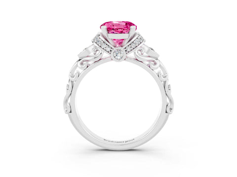 White gold Round Cut Pink Sapphire Solitaire Ring with Filigree Band and Four-Prong Setting_51