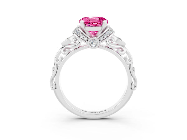 Silver Round Cut Pink Sapphire Solitaire Ring with Filigree Band and Four-Prong Setting