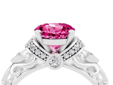 White gold Round Cut Pink Sapphire Solitaire Ring with Filigree Band and Four-Prong Setting_52