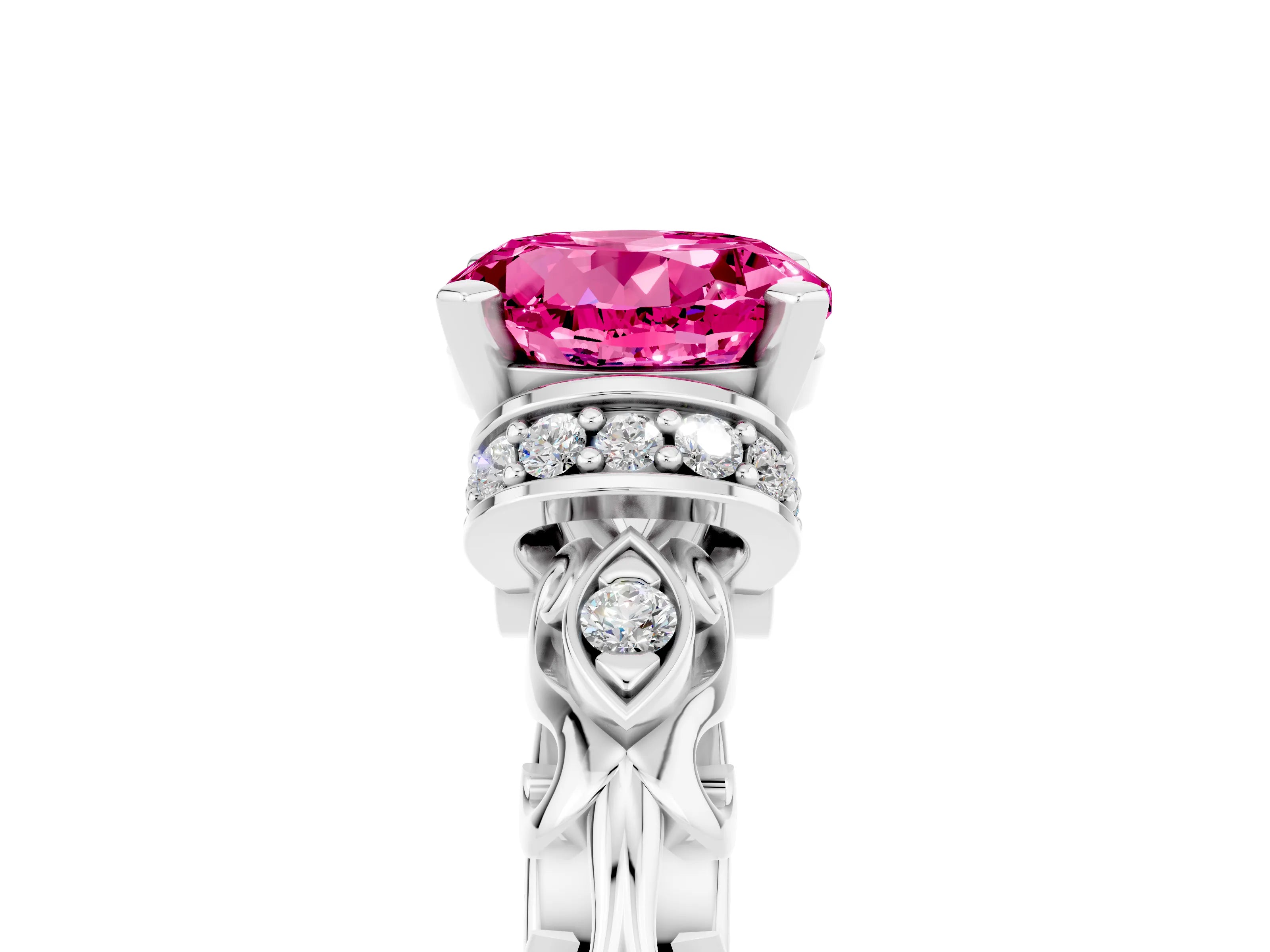 White gold Round Cut Pink Sapphire Solitaire Ring with Filigree Band and Four-Prong Setting_53