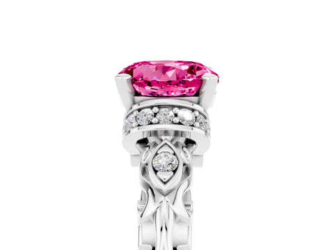 White gold Round Cut Pink Sapphire Solitaire Ring with Filigree Band and Four-Prong Setting_53