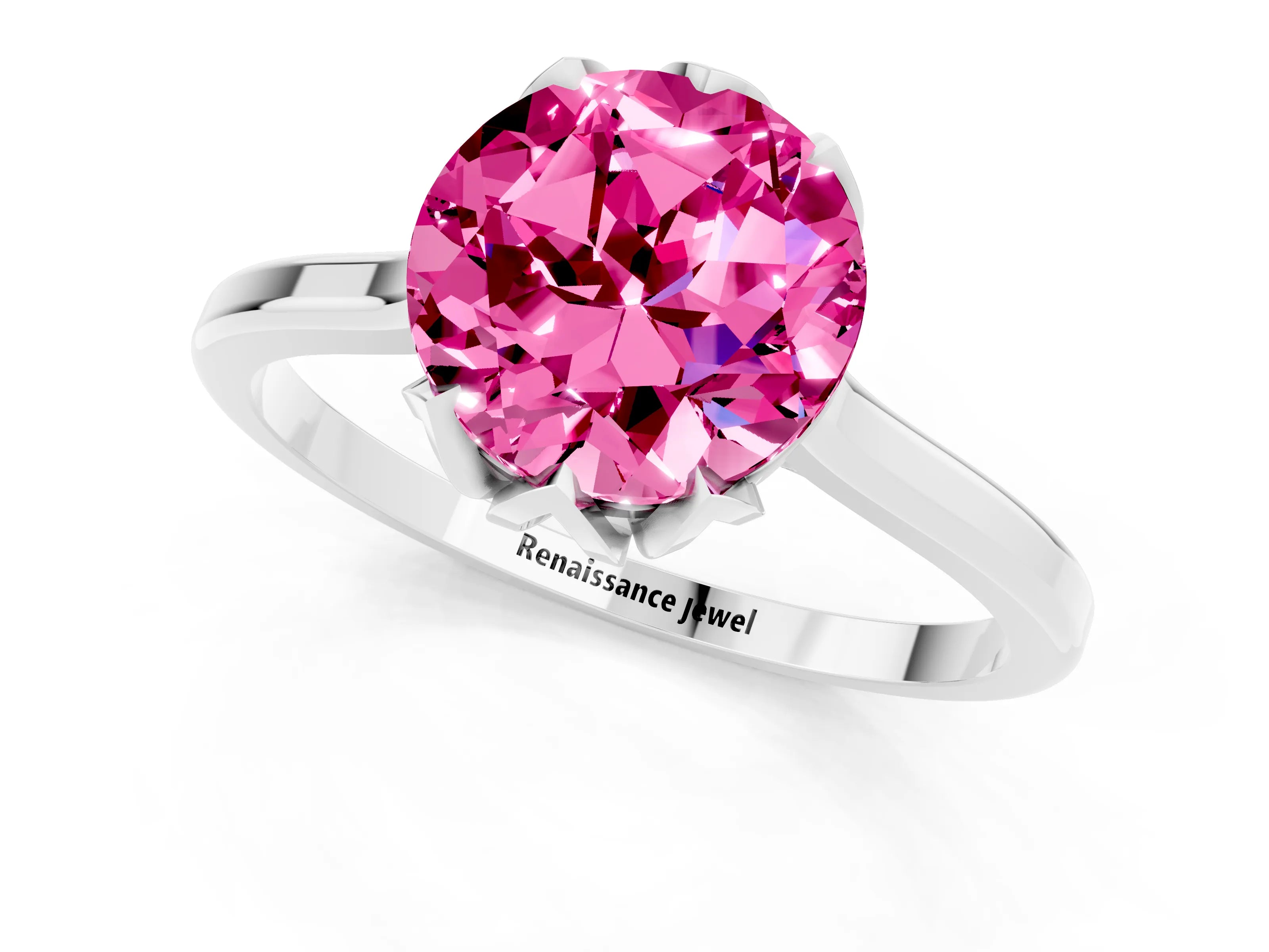 White gold Round Cut Pink Sapphire Solitaire Ring with Flower Prong Setting and Classic Band_13