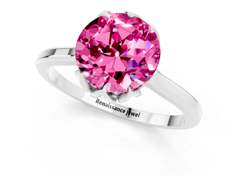 White gold Round Cut Pink Sapphire Solitaire Ring with Flower Prong Setting and Classic Band_13