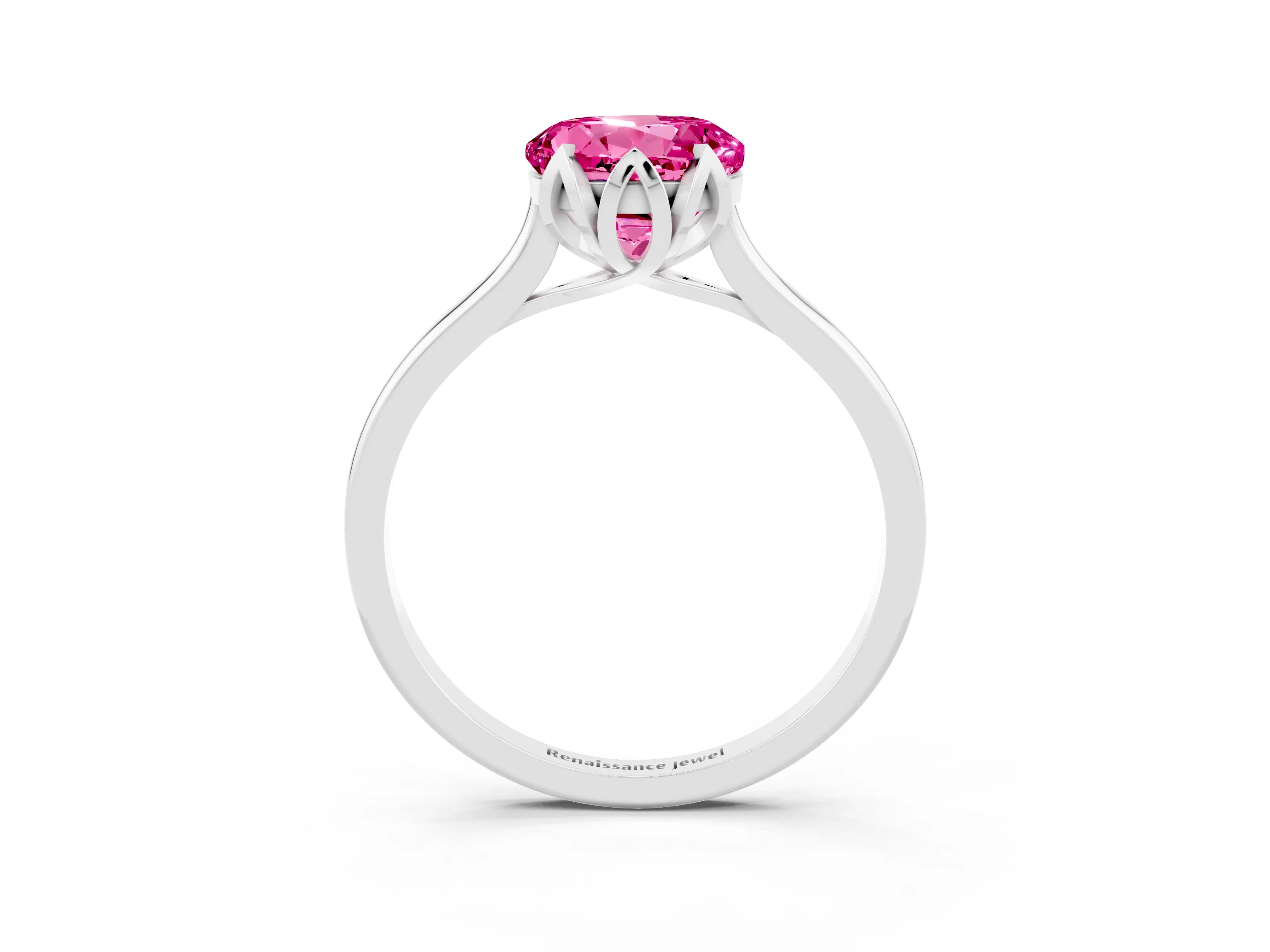 White gold Round Cut Pink Sapphire Solitaire Ring with Flower Prong Setting and Classic Band_15