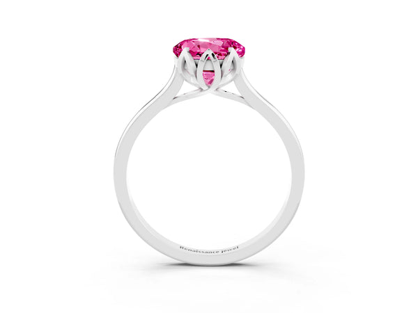 Silver Round Cut Pink Sapphire Solitaire Ring with Flower Prong Setting and Classic Band