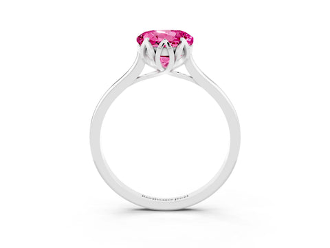 White gold Round Cut Pink Sapphire Solitaire Ring with Flower Prong Setting and Classic Band_15