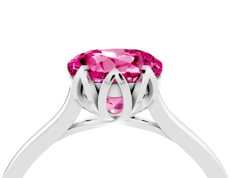 White gold Round Cut Pink Sapphire Solitaire Ring with Flower Prong Setting and Classic Band_16