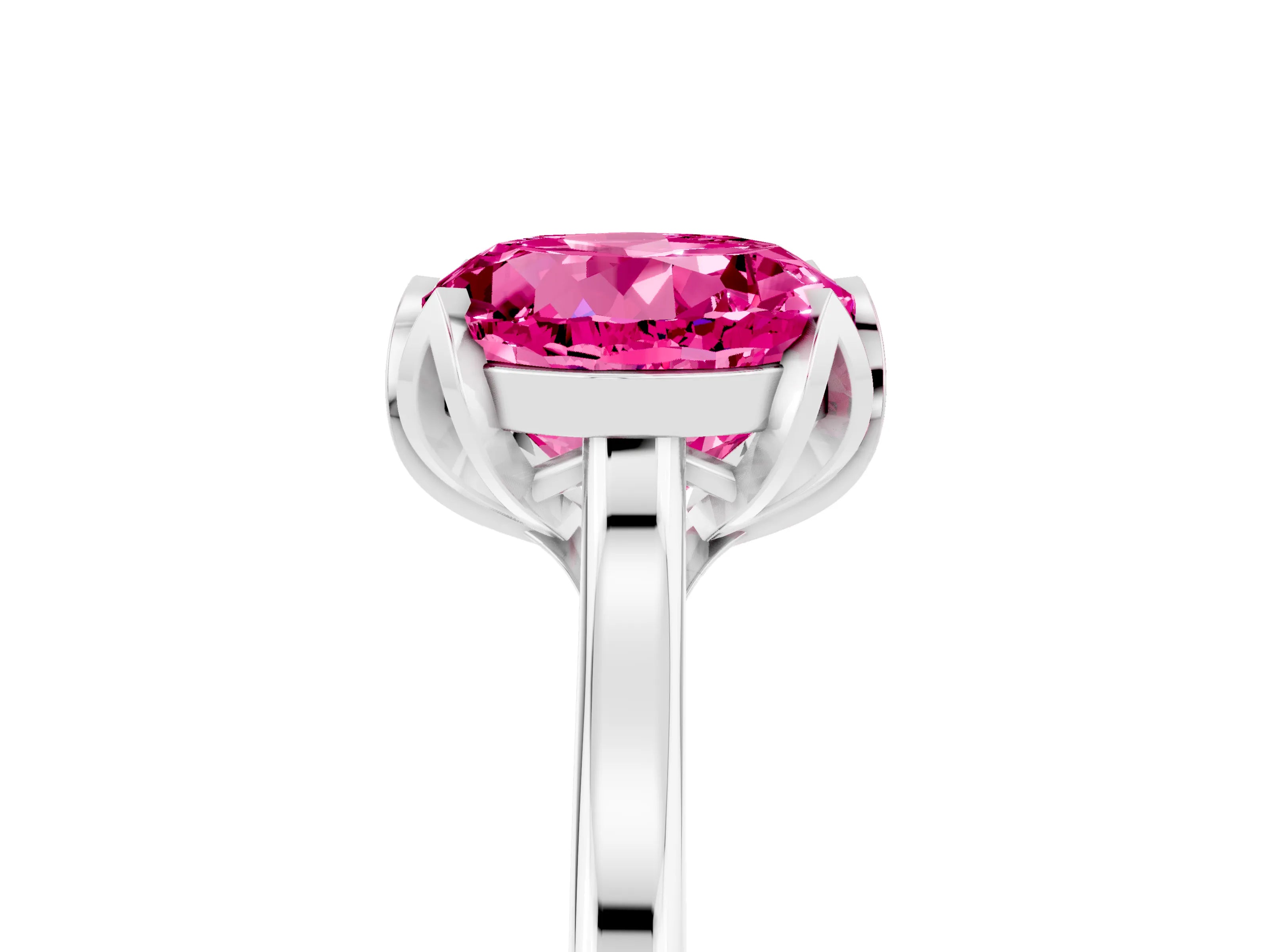 White gold Round Cut Pink Sapphire Solitaire Ring with Flower Prong Setting and Classic Band_17