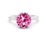 White gold Round Cut Pink Sapphire Solitaire Ring with Flower Prong Setting and Classic Band_48