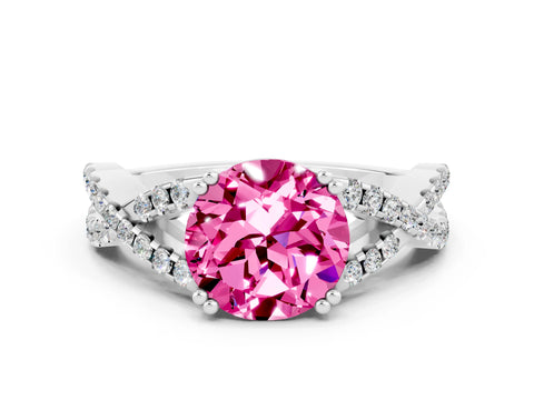 White gold Round Cut Pink Sapphire Solitaire Ring with Four-Prong Setting and Twisted Pavé Band_12