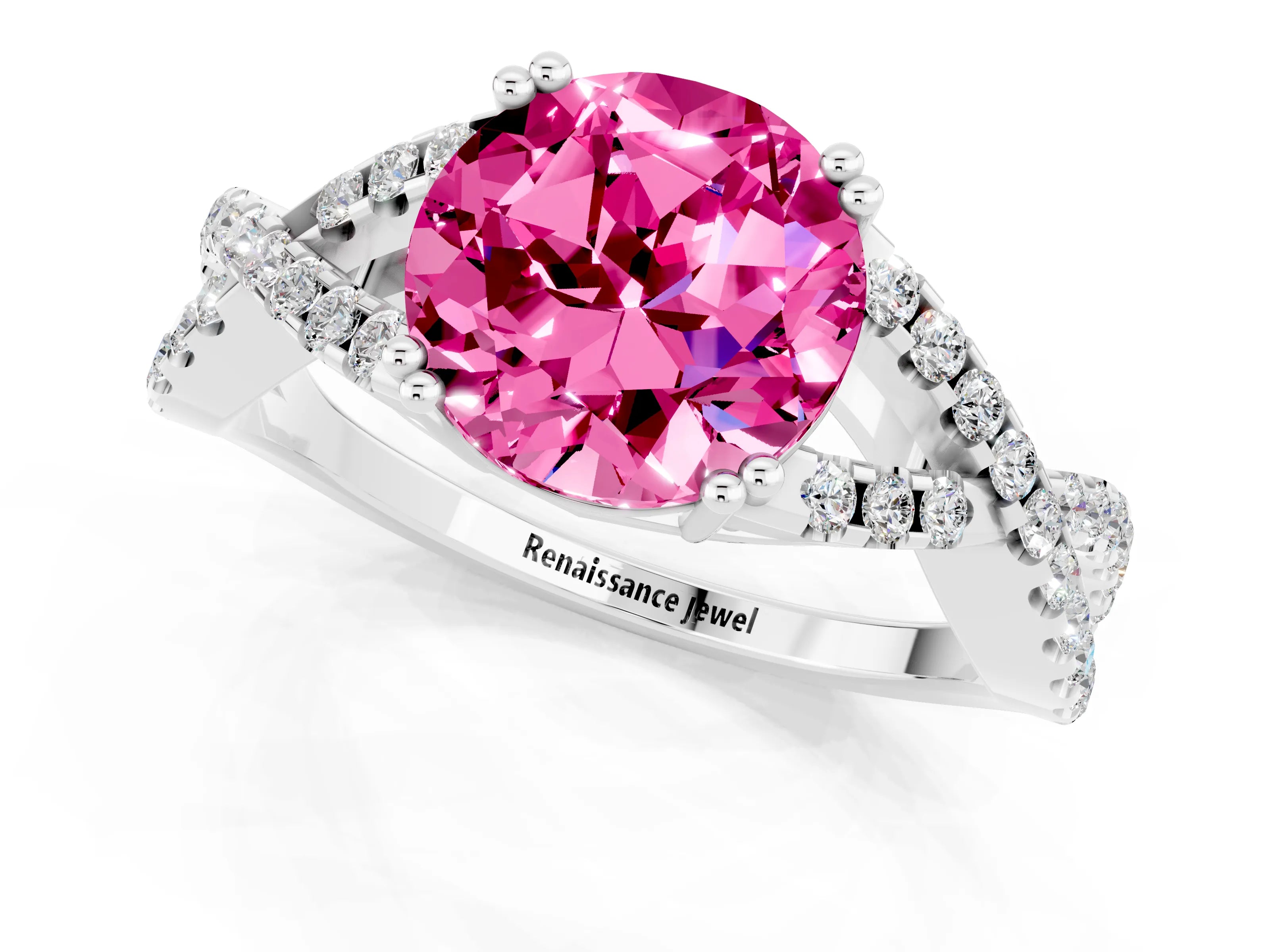 White gold Round Cut Pink Sapphire Solitaire Ring with Four-Prong Setting and Twisted Pavé Band_13