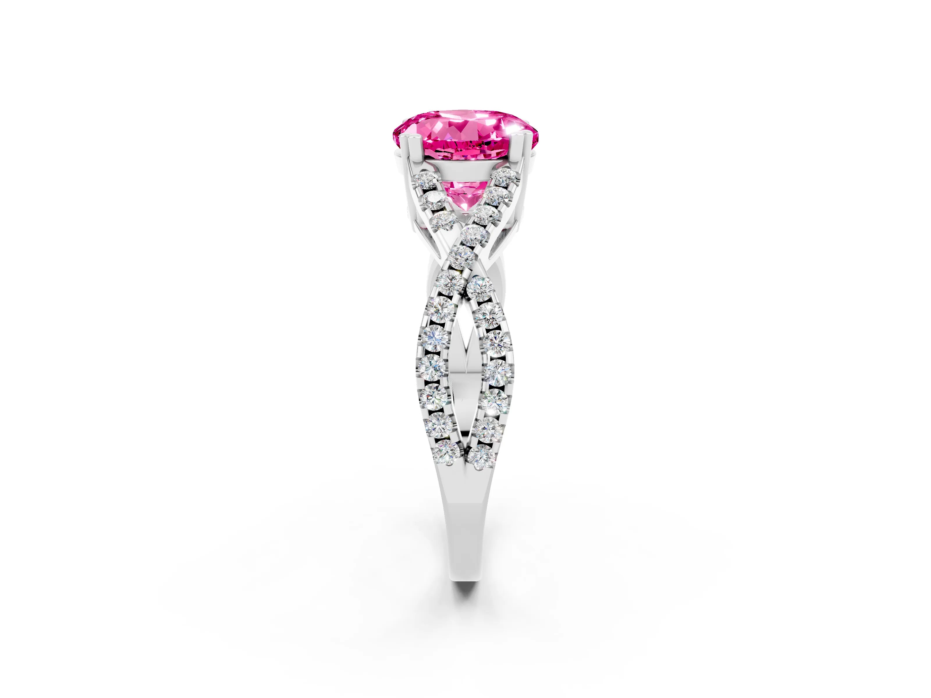 White gold Round Cut Pink Sapphire Solitaire Ring with Four-Prong Setting and Twisted Pavé Band_14