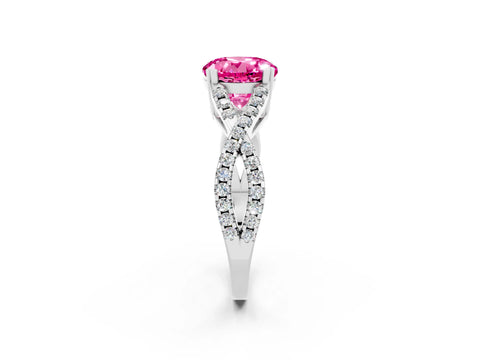 White gold Round Cut Pink Sapphire Solitaire Ring with Four-Prong Setting and Twisted Pavé Band_14