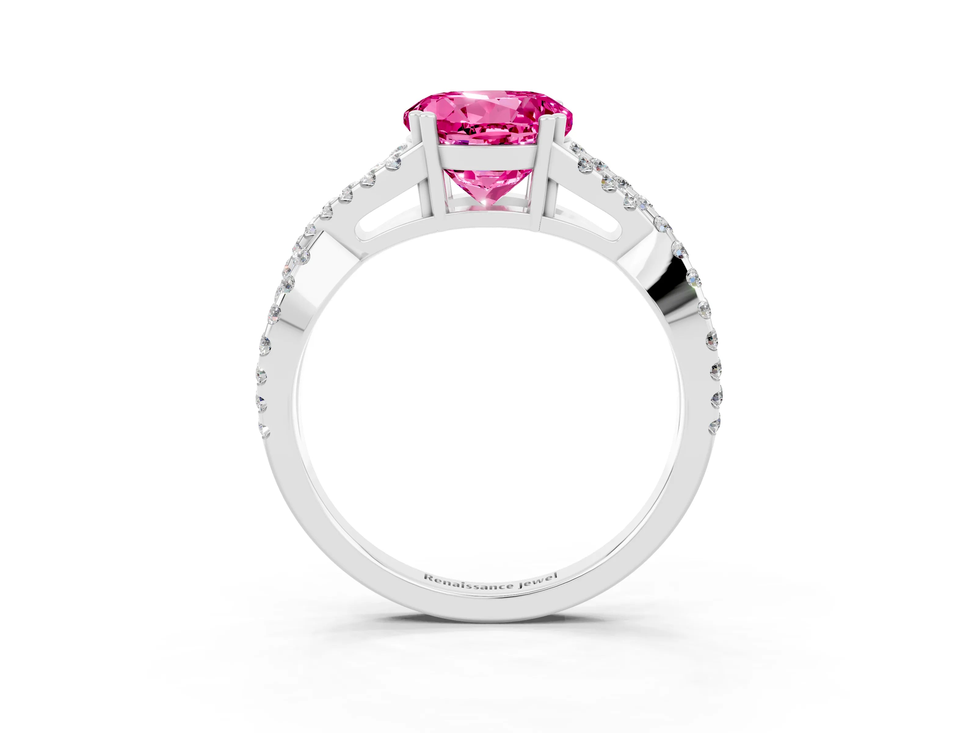 White gold Round Cut Pink Sapphire Solitaire Ring with Four-Prong Setting and Twisted Pavé Band_15