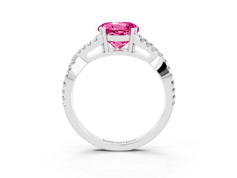 White gold Round Cut Pink Sapphire Solitaire Ring with Four-Prong Setting and Twisted Pavé Band_15