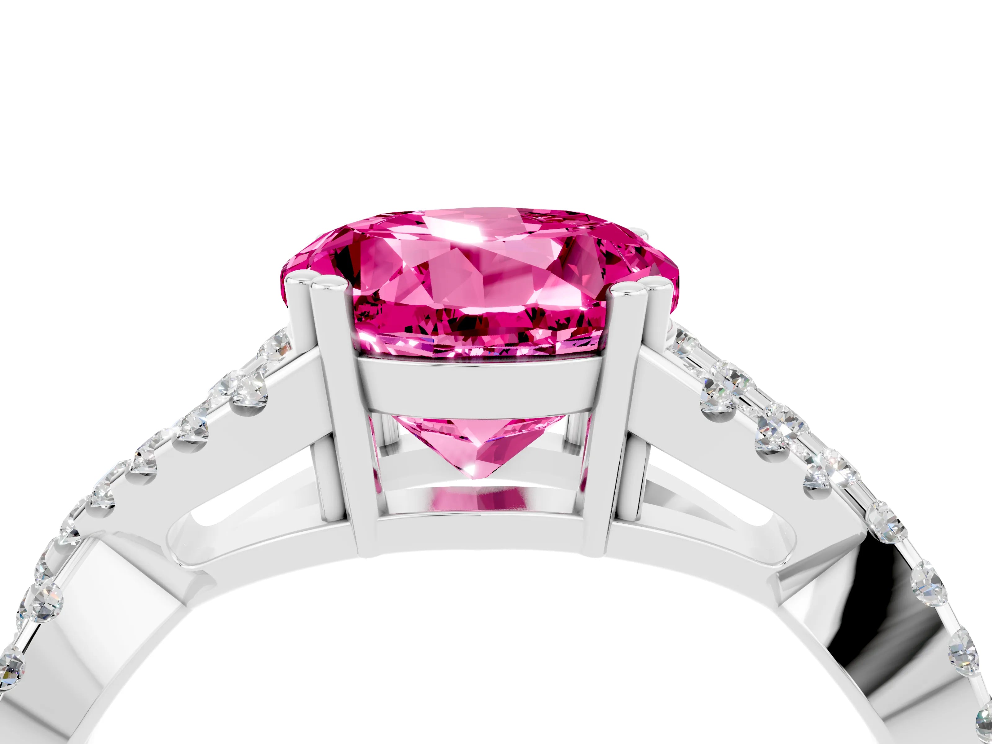 White gold Round Cut Pink Sapphire Solitaire Ring with Four-Prong Setting and Twisted Pavé Band_16