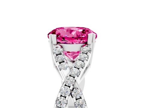 White gold Round Cut Pink Sapphire Solitaire Ring with Four-Prong Setting and Twisted Pavé Band_17