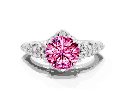 White gold Round Cut Pink Sapphire Solitaire Ring with Hidden Halo and Pavé Band_30