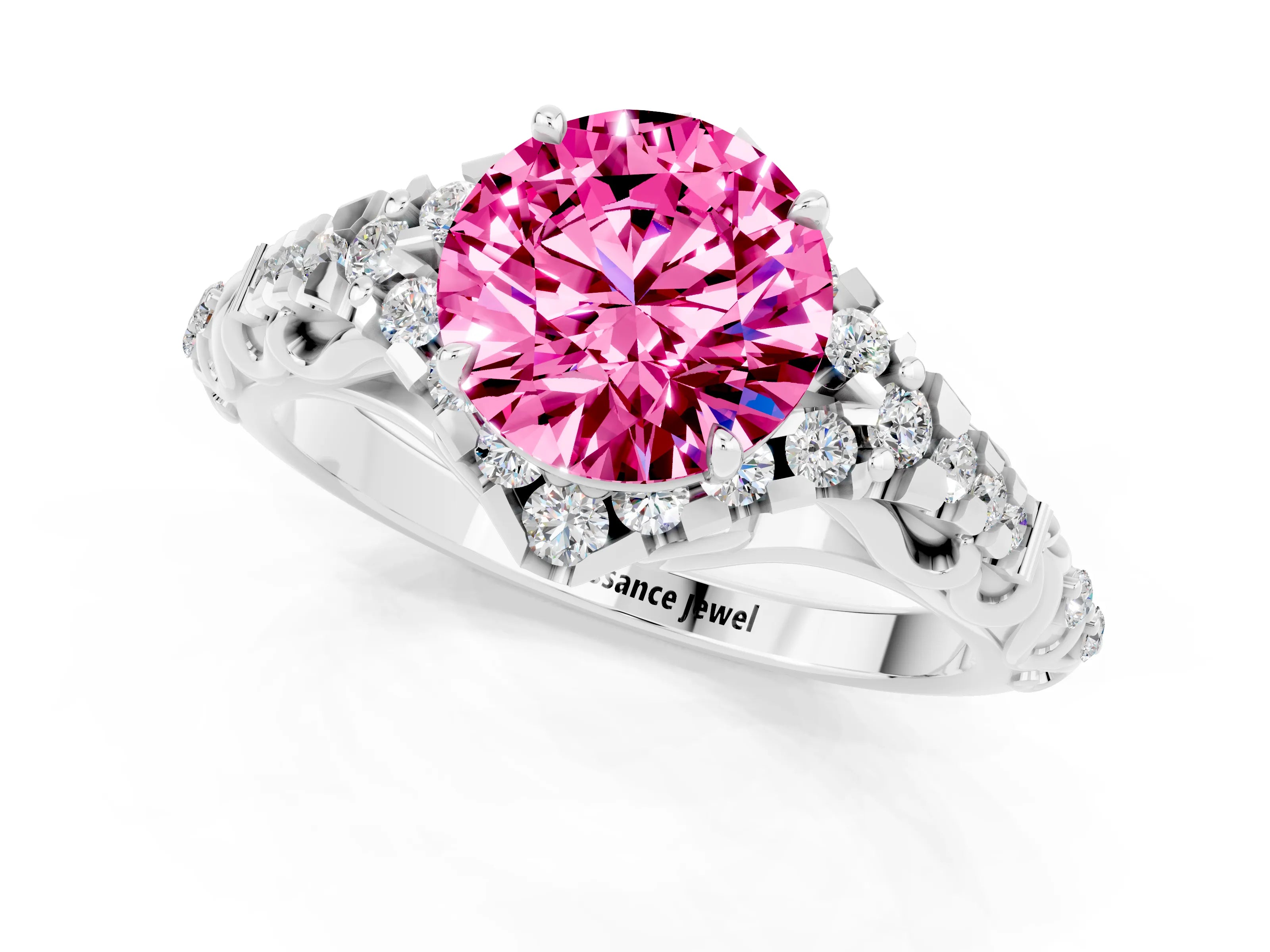 White gold Round Cut Pink Sapphire Solitaire Ring with Hidden Halo and Pavé Band_32