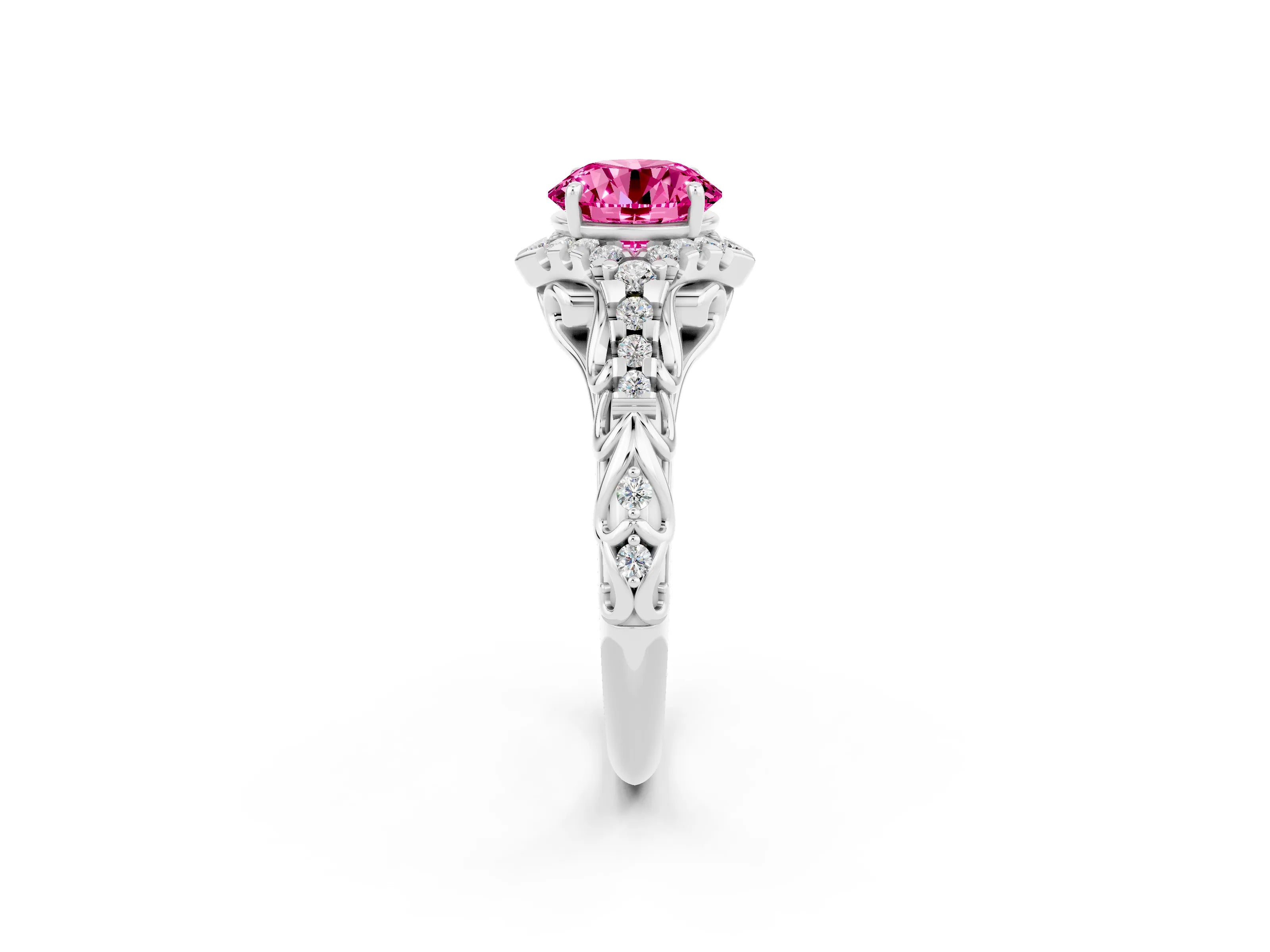 White gold Round Cut Pink Sapphire Solitaire Ring with Hidden Halo and Pavé Band_32