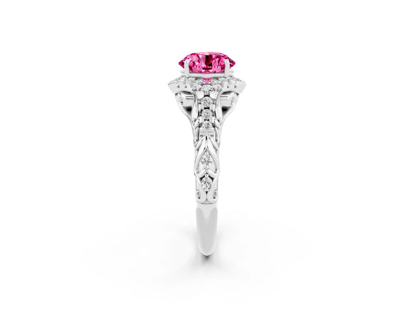 White gold Round Cut Pink Sapphire Solitaire Ring with Hidden Halo and Pavé Band