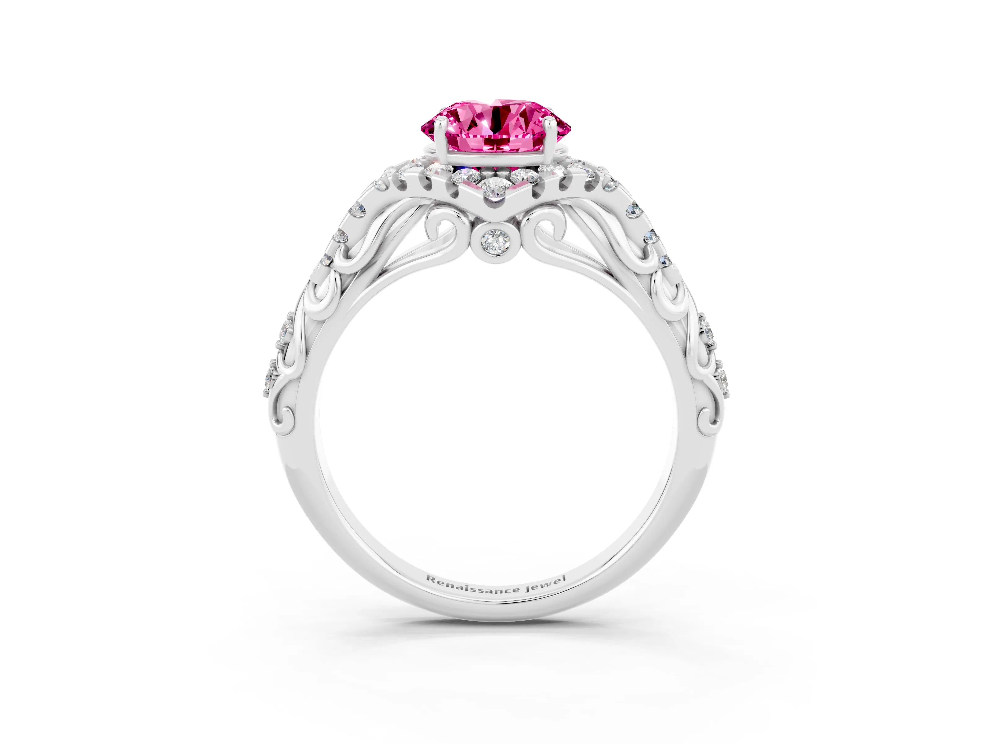 White gold Round Cut Pink Sapphire Solitaire Ring with Hidden Halo and Pavé Band_33