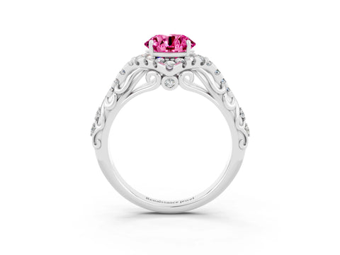 White gold Round Cut Pink Sapphire Solitaire Ring with Hidden Halo and Pavé Band_33