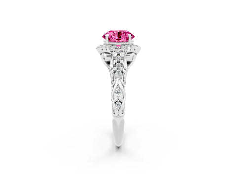 White gold Round Cut Pink Sapphire Solitaire Ring with Hidden Halo and Pavé Band_33