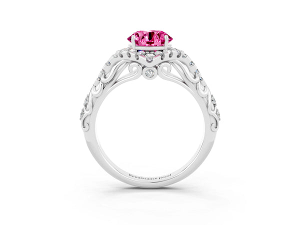 Platinum Round Cut Pink Sapphire Solitaire Ring with Hidden Halo and Pavé Band