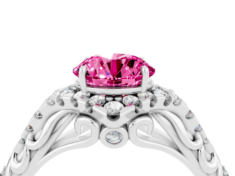 White gold Round Cut Pink Sapphire Solitaire Ring with Hidden Halo and Pavé Band_34