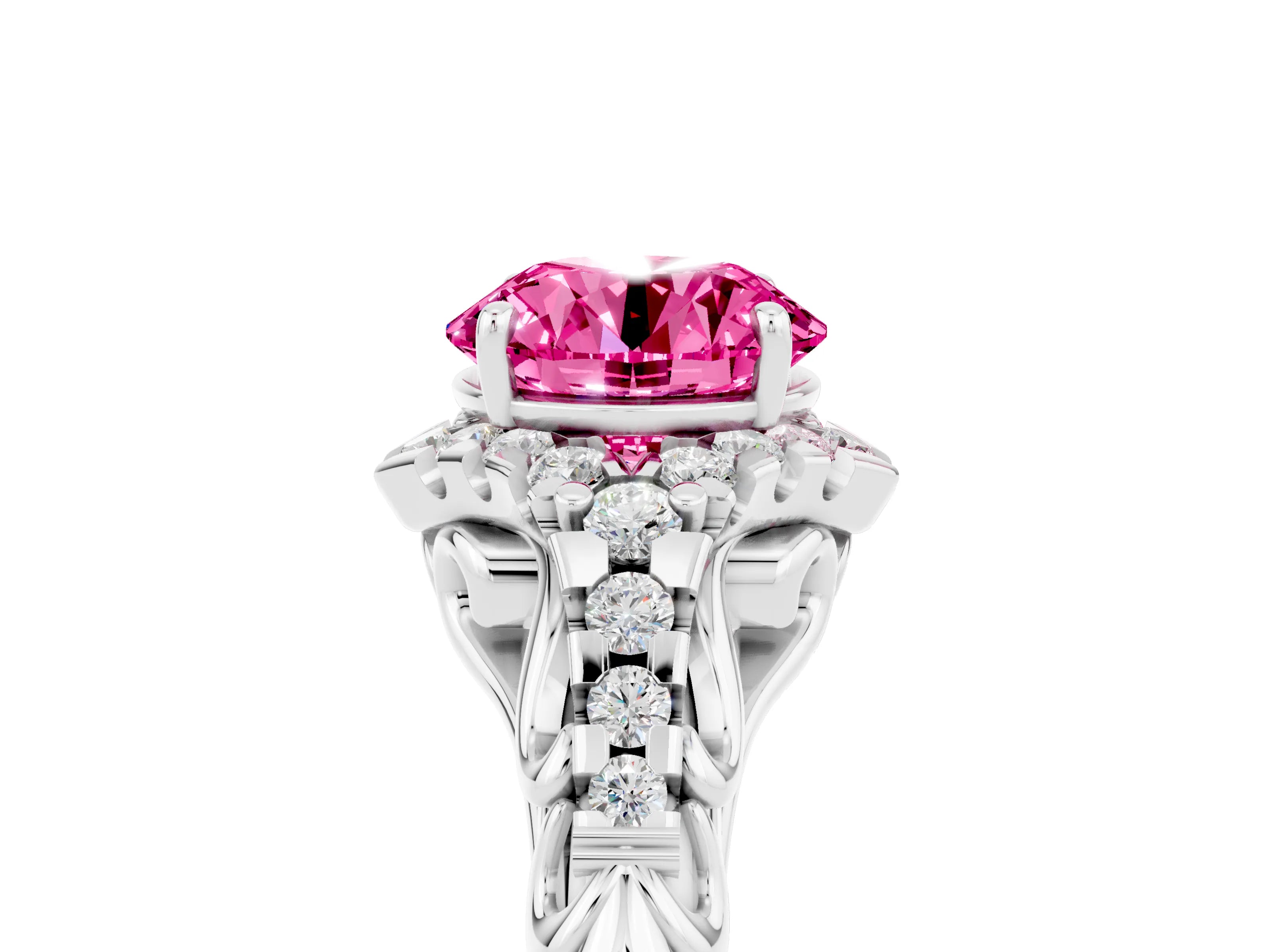 White gold Round Cut Pink Sapphire Solitaire Ring with Hidden Halo and Pavé Band_36