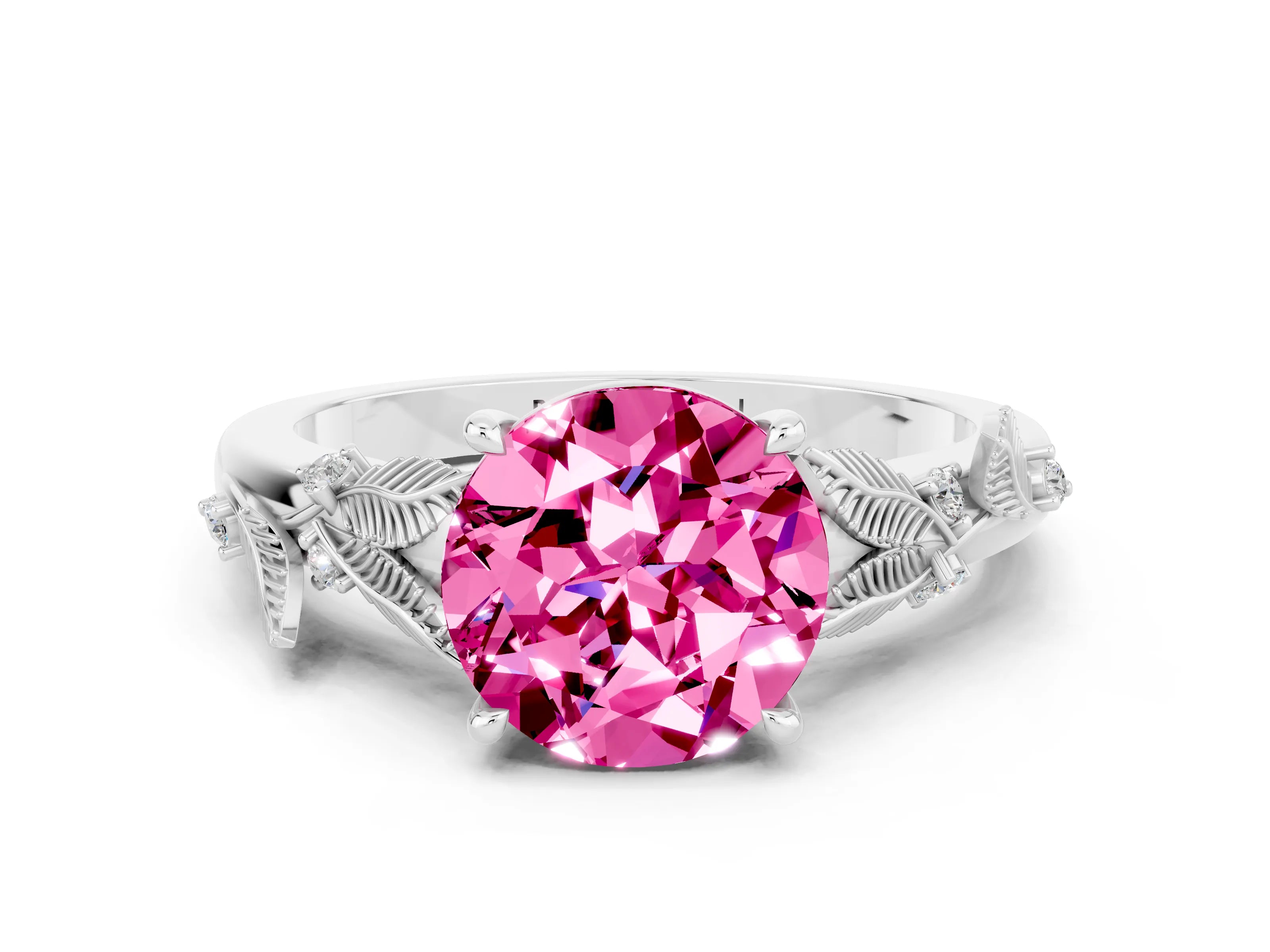 White gold Round Cut Pink Sapphire Solitaire Ring with Leaf Motif Band and Four-Prong Setting_24