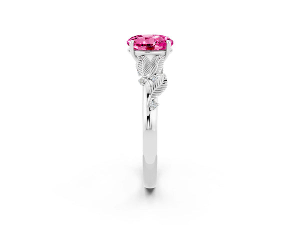 Platinum Round Cut Pink Sapphire Solitaire Ring with Leaf Motif Band and Four-Prong Setting