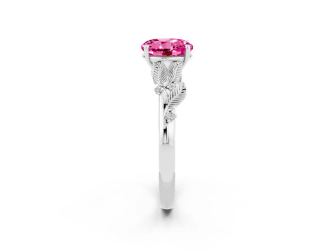 White gold Round Cut Pink Sapphire Solitaire Ring with Leaf Motif Band and Four-Prong Setting_26