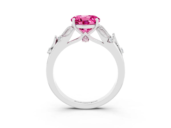 Platinum Round Cut Pink Sapphire Solitaire Ring with Leaf Motif Band and Four-Prong Setting