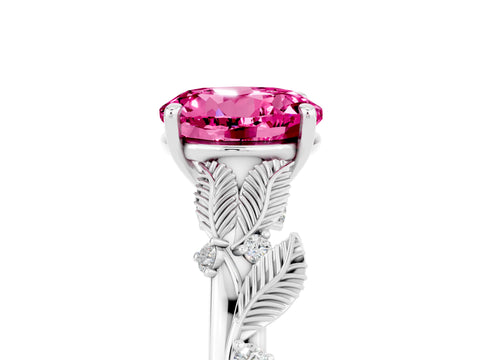White gold Round Cut Pink Sapphire Solitaire Ring with Leaf Motif Band and Four-Prong Setting_29