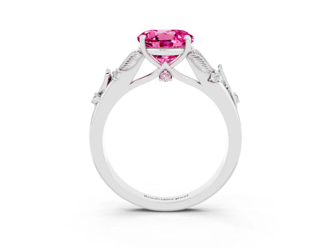 White gold Round Cut Pink Sapphire Solitaire Ring with Leaf Motif Band and Four-Prong Setting_34