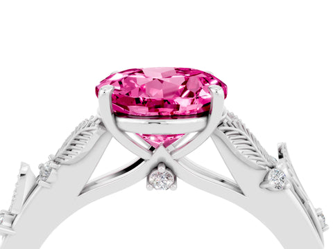 White gold Round Cut Pink Sapphire Solitaire Ring with Leaf Motif Band and Four-Prong Setting_35